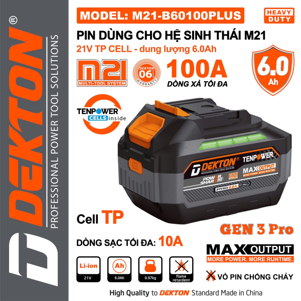 Pin 21V 6.0Ah Dekton M21-B60100PLUS Gen 3 Pro – Dòng Xả Cực Đỉnh 100A (Cell Tenpower – Vỏ Chống Cháy)