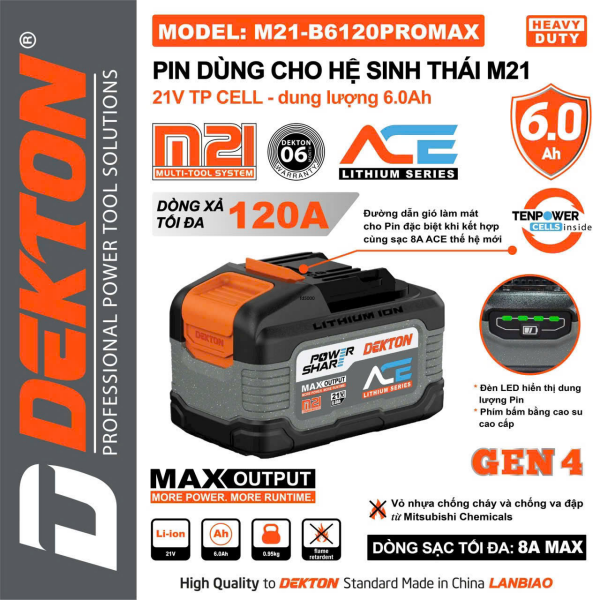 Khối Pin Cao Cấp 21V 6.0Ah Dekton M21-B6120PROMAX Sạc Nhanh 8A Max (Chính Hãng)