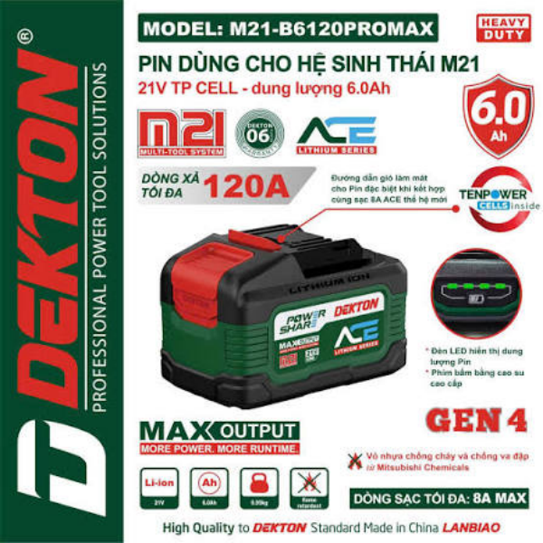Khối Pin Cao Cấp 21V 6.0Ah Dekton M21-B6120PROMAX Sạc Nhanh 8A Max (Chính Hãng)