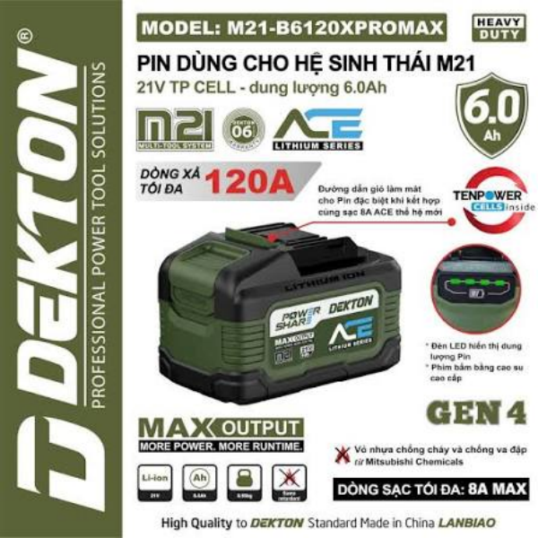 Khối Pin Cao Cấp 21V 6.0Ah Dekton M21-B6120PROMAX Sạc Nhanh 8A Max (Chính Hãng)
