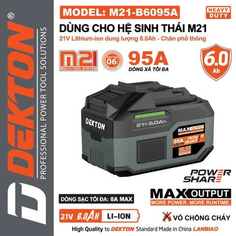 Pin 21V 6.0Ah Dekton M21-B6095A Heavy Duty – Dòng Xả Cực Đỉnh 95A (Chân Pin Phổ Thông – Vỏ Chống Cháy)