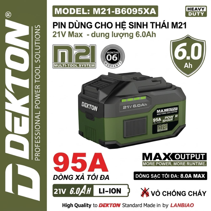 Pin 21V 6.0Ah Dekton M21-B6095A Heavy Duty – Dòng Xả Cực Đỉnh 95A (Chân Pin Phổ Thông – Vỏ Chống Cháy)
