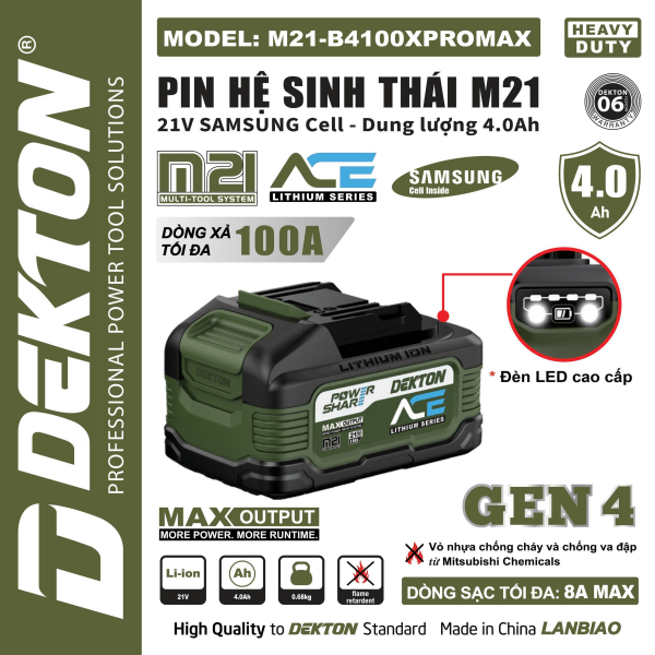 Pin 21V 4.0Ah Dekton M21-B4100XPROMAX Gen 4 – Cell Samsung Dòng Xả Siêu Khủng 100A (Chân Pin Phổ Thông M21)