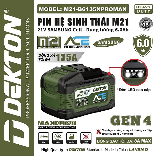 Pin 21V 6.0Ah Dekton M21-B6135XPROMAX Gen 4 – Cell Samsung Dòng Xả Siêu Khủng 135A (Chân Pin Phổ Thông M21)