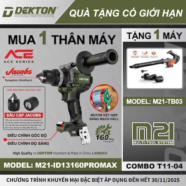 COMBO MUA 1 TẶNG 1: Thân máy Khoan Búa Dekton M21-ID131600PROMAX 160Nm TẶNG Thân máy Thổi Bụi M21-TB03 (Chưa kèm Pin Sạc)