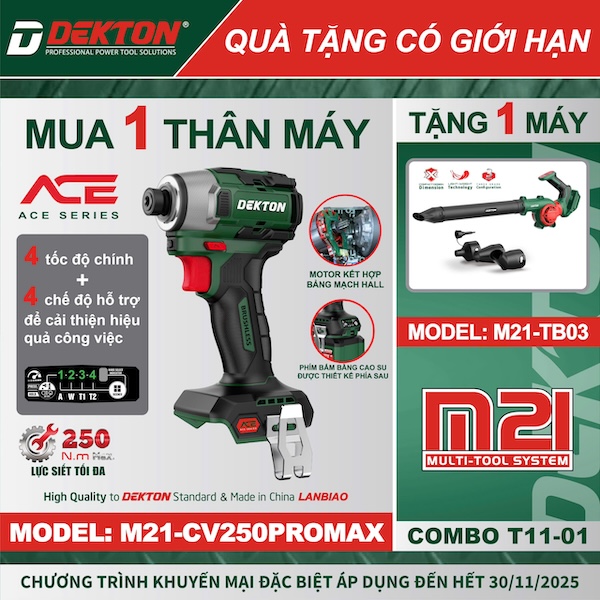 Combo Máy Siết Vít Pin Dekton M21-CV250PROMAX 250Nm Tặng Máy Thổi Bụi Pin M21-TB03 (T11-O1)