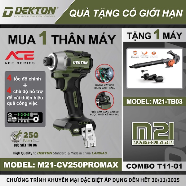 Combo Máy Siết Vít Pin Dekton M21-CV250PROMAX 250Nm Tặng Máy Thổi Bụi Pin M21-TB03 (T11-O1)