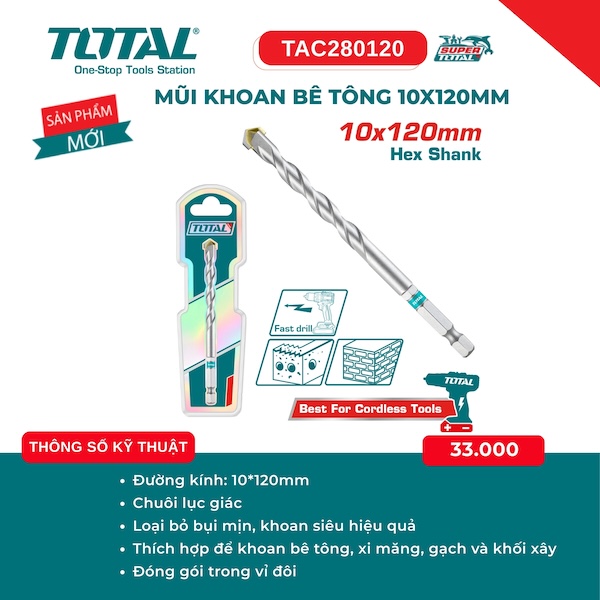 Mũi Khoan Bê Tông Chuôi Lục Giác Total – Chuyên Dụng Cho Máy Pin (4mm, 5mm, 6mm, 8mm, 10mm)