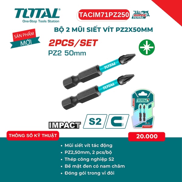 Bộ 2 Mũi Siết Vít Tác Động PZ2x50mm Total TACIM71PZ250 - Thép Công Nghiệp S2, Có Nam Châm