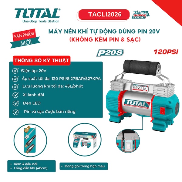 Máy Nén Khí Tự Động Dùng Pin 20V TOTAL TACLI2026 (120PSI, Lưu lượng 45L/phút) - Không Kèm Pin & Sạc