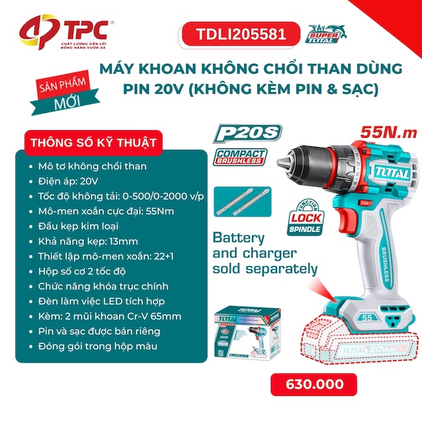 Máy Khoan Không Chổi Than Dùng Pin 20V Total TDLI205581 - Lực Siết 55Nm, Đầu Kẹp Kim Loại 13mm