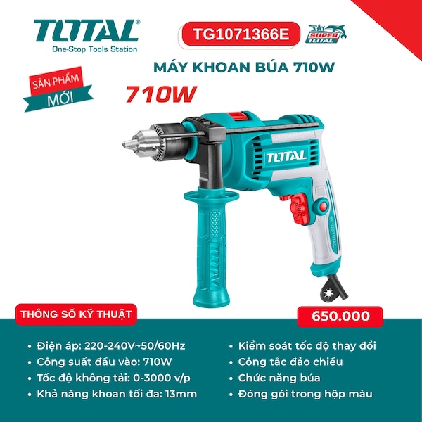 Máy khoan búa 710W Total TG1071366E - Khả năng khoan 13mm, tốc độ vô cấp