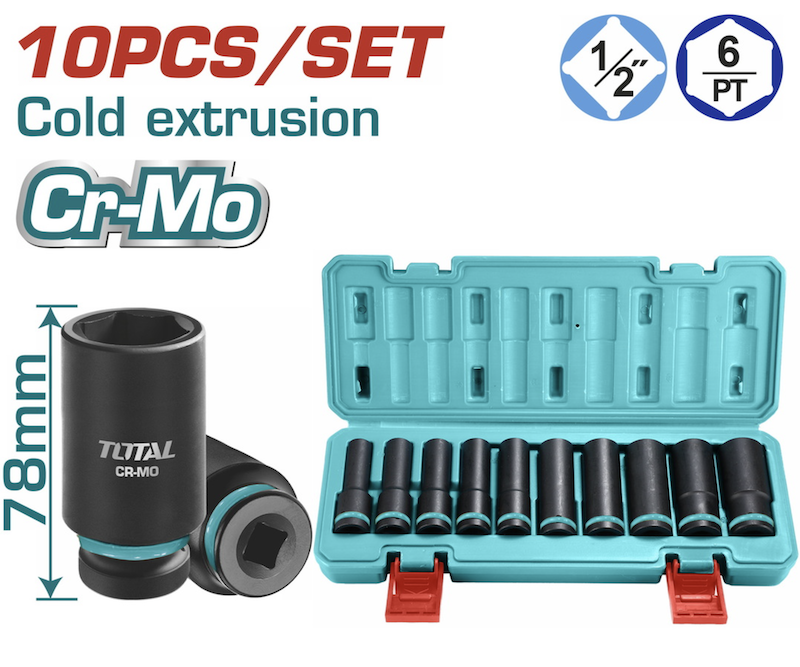 Bộ 10 đầu tuýp 1/2 inch 78mm 10-24mm (Thép CrMo) TOTAL THKISD12102L