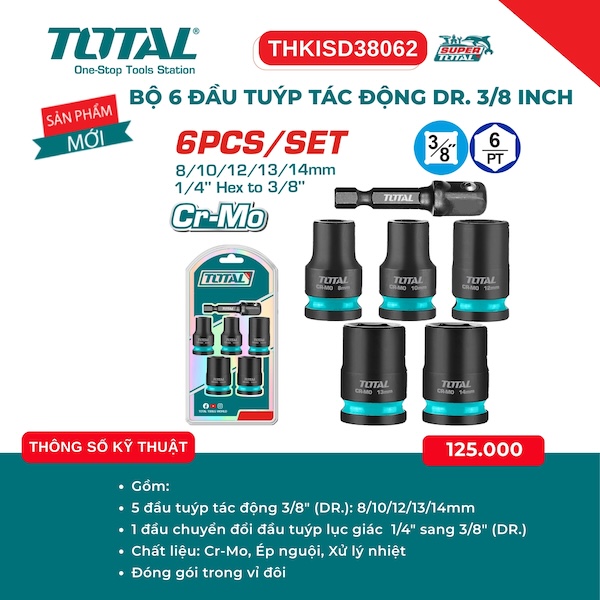 Bộ 6 đầu tuýp tác động 3/8 inch Total THKISD38062 (8-14mm) - Thép Cr-Mo cao cấp