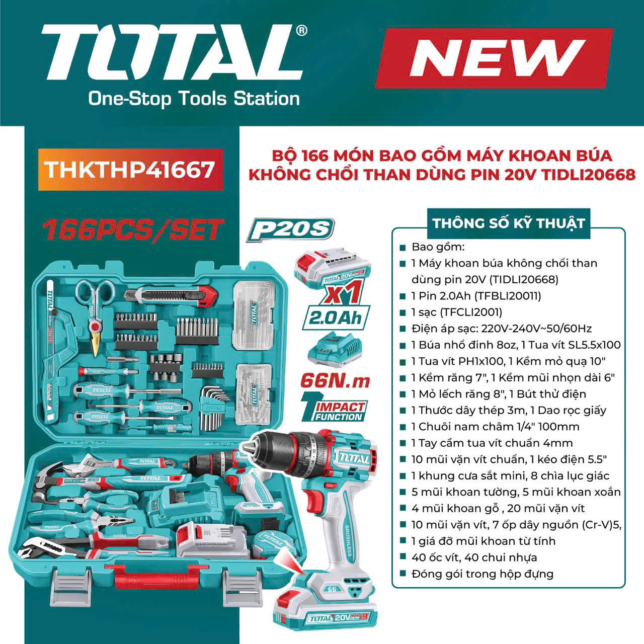 Bộ 166 Món Dụng Cụ Cầm Tay Total THKTHP41667 – Kèm Máy Khoan Búa 20V Không Chổi Than