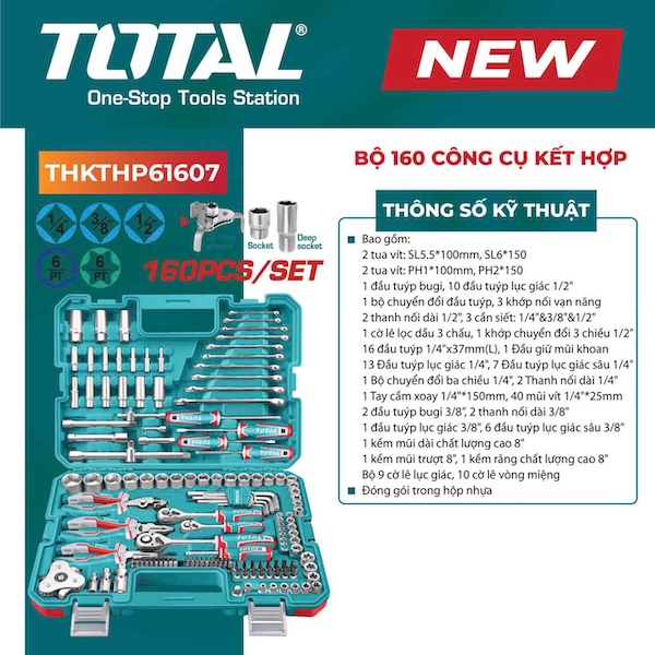 Bộ 160 công cụ kết hợp TOTAL THKTHP61607 - Có cờ lê lọc dầu chuyên dụng
