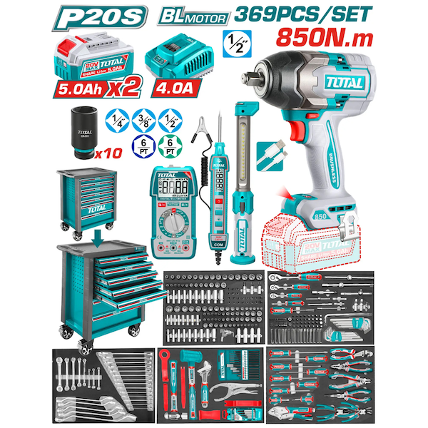 Tủ đồ nghề 7 ngăn 369 chi tiết TOTAL THPTCS83692 - Máy siết bu lông 850Nm & Phụ kiện chuyên dụng