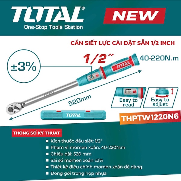 Cần Siết Lực 1/2 Inch TOTAL THPTW1220N6 (40-220N.m) - Chính Xác +/- 3%