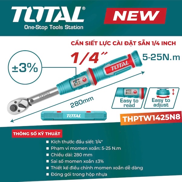 Cần Siết Lực 1/4 Inch TOTAL THPTW1425N8 (5-25N.m) - Độ Chính Xác +/- 3%
