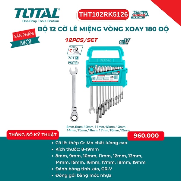 Bộ 12 Cờ Lê Miệng Vòng Xoay 180 Độ Total THT102RK5126 - Thép Cr-Mo & Cr-V Cao Cấp, Size 8-19mm