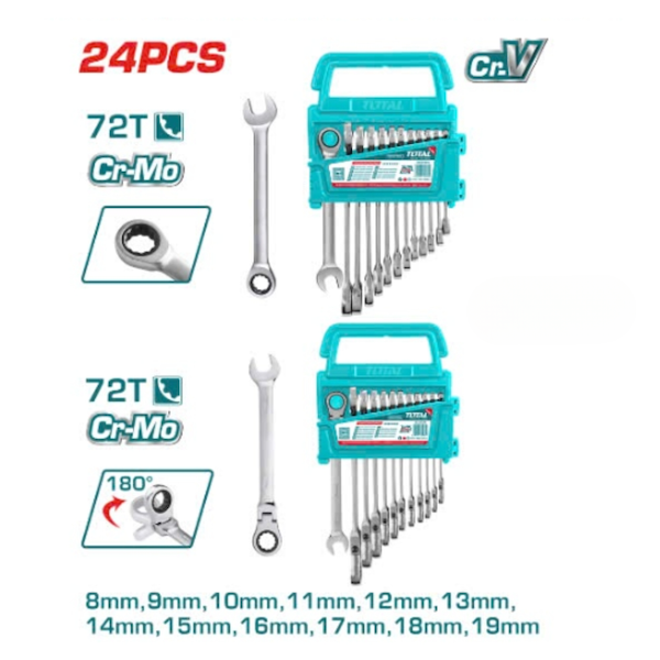 Bộ 24 cờ lê miệng vòng xoay 72T TOTAL THT103RK246 (8-19mm) - Thép Cr-Mo