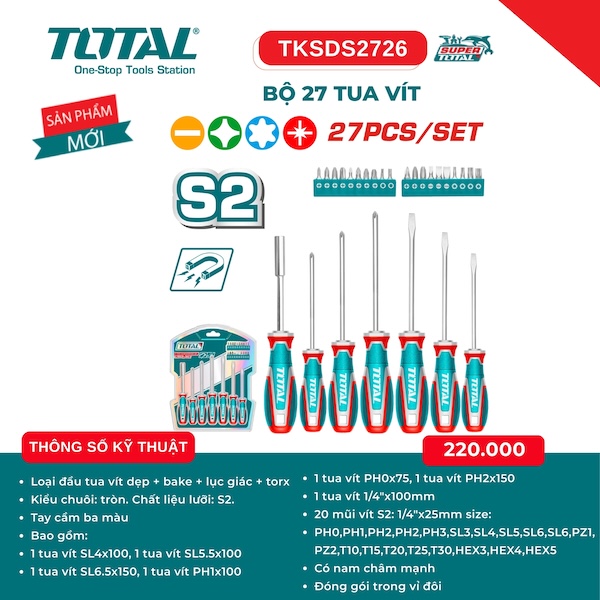 Bộ 27 Tua Vít Đa Năng Total TKSDS2726 - Chất Liệu Thép S2 Siêu Bền, Có Nam Châm Mạnh