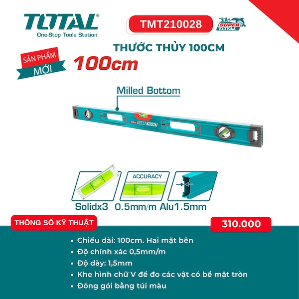 Thước Thủy Cân Bằng Total TMT2 – Độ Chính Xác Cao 0.5mm/m (100cm, 120cm, 150cm, 180cm, 200cm)
