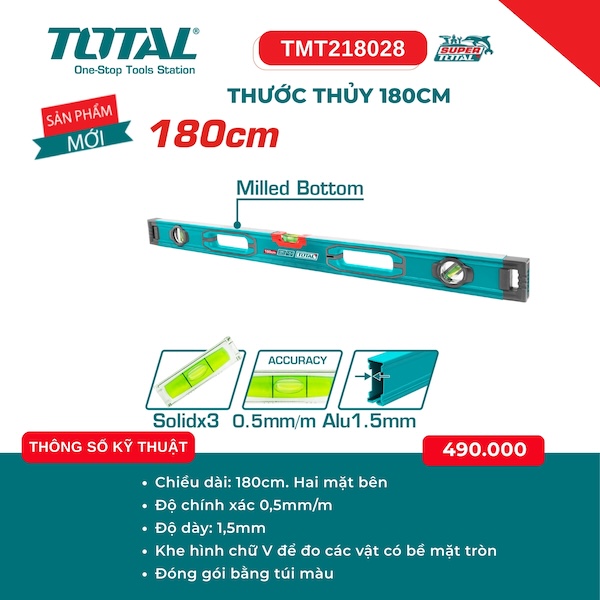 Thước Thủy Cân Bằng Total TMT2 – Độ Chính Xác Cao 0.5mm/m (100cm, 120cm, 150cm, 180cm, 200cm)
