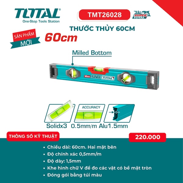 Thước Thủy Cân Bằng Total TMT2 – Độ Chính Xác Cao 0.5mm/m (100cm, 120cm, 150cm, 180cm, 200cm)