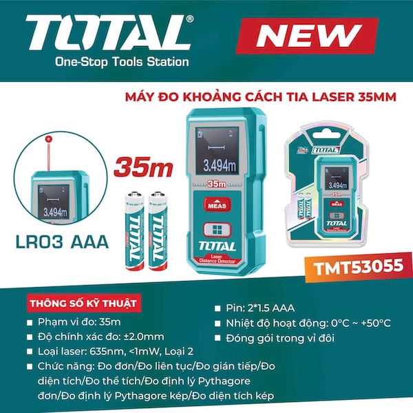 Máy Đo Khoảng Cách Tia Laser 35m TOTAL TMT53055 - Độ Chính Xác ±2.0mm, Đa Năng (Diện Tích, Thể Tích, Pythagoras)