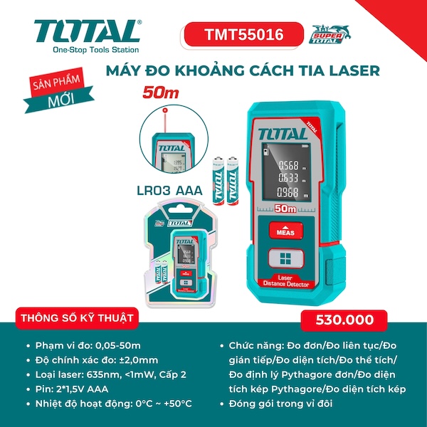 Máy Đo Khoảng Cách Tia Laser 50m Total TMT55016 - Chính Xác ±2.0mm, Đa Năng Thông Minh