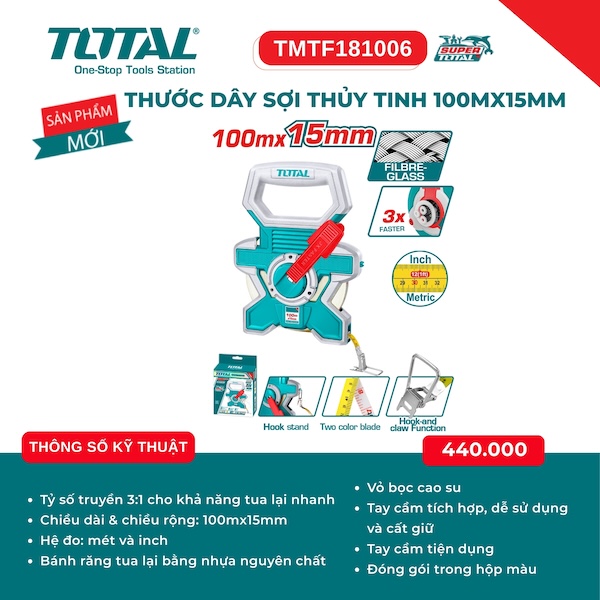 Thước Dây Sợi Thủy Tinh 100m x 15mm Total TMTF181006 - Tỷ Lệ Truyền 3:1 Tua Nhanh, Hệ Mét & Inch