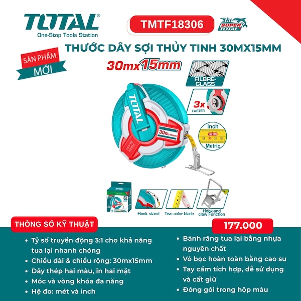 Thước Dây Sợi Thủy Tinh 30m x 15mm Total TMTF18306 - Tua Nhanh 3:1, Hệ Mét & Inch