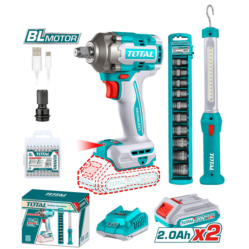 Bộ combo máy siết buloong không chổi than TIWLI2040 & dèn làm việc TWLI35261 dùng pin 20V TOTAL TOSLI23048