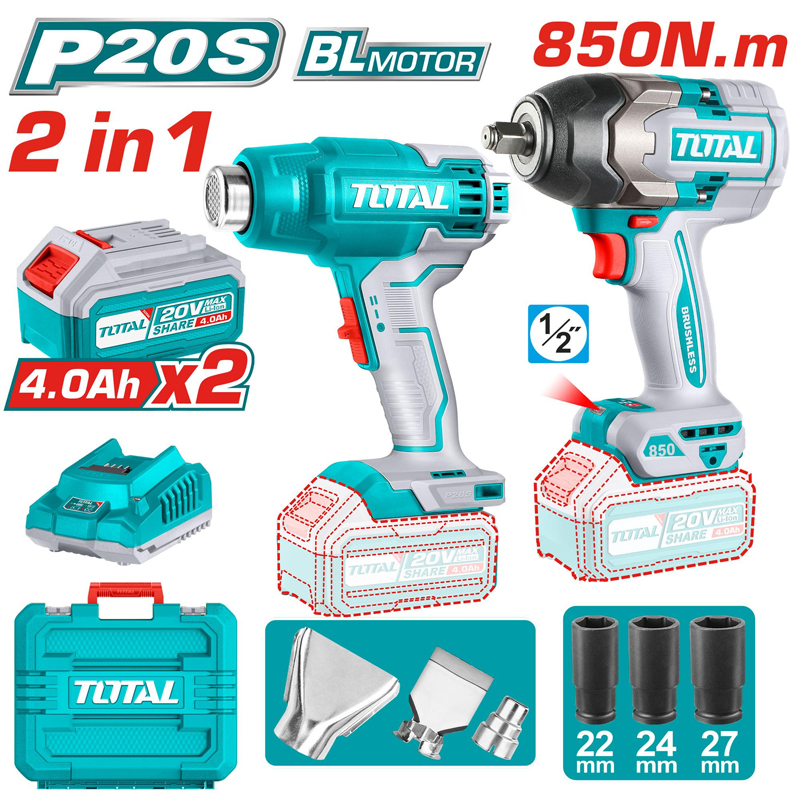 Bộ Combo Máy Siết Bu Lông 850Nm & Máy Thổi Nhiệt 20V Total TOSLI240489 (Kèm 2 Pin 4.0Ah & 1 Sạc)