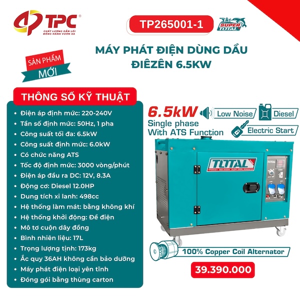 Máy Phát Điện Chạy Dầu Diesel 6.5kW TOTAL TP265001-1 - Tích Hợp ATS, Chống Ồn Siêu Êm (Low Noise)