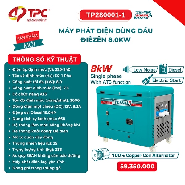 Máy Phát Điện Chạy Dầu Diesel 8.0kW TOTAL TP280001-1 - Có Chức Năng ATS, Chống Ồn Siêu Êm