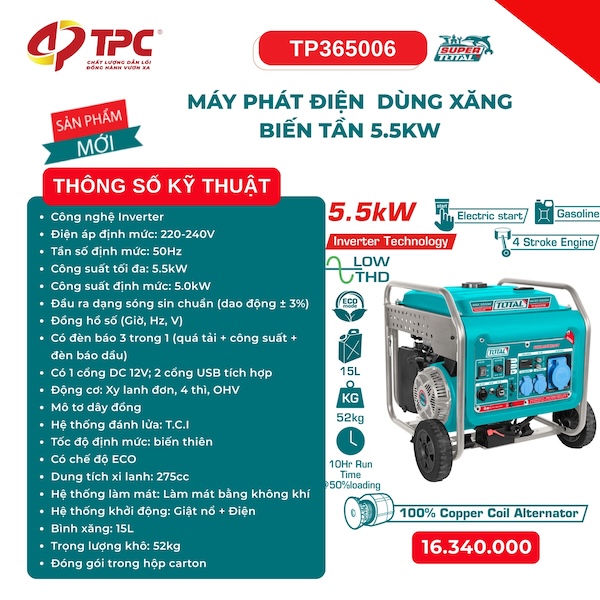 Máy Phát Điện Biến Tần Dùng Xăng 5.5kW Total TP365006 - Công Nghệ Inverter, Sóng Sin Chuẩn, Đề Điện