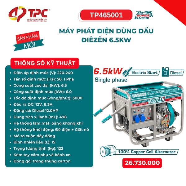 Máy Phát Điện Dùng Dầu Diesel 6.5kW Total TP465001 - Động Cơ 12HP, Khởi Động Đề Điện