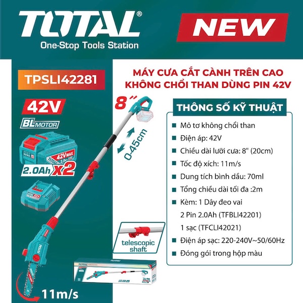 Máy Cưa Xích Cắt Cành Trên Cao Dùng Pin 42V TOTAL TPSLI42281 - Động Cơ Không Chổi Than (Brushless), Lam 8 inch