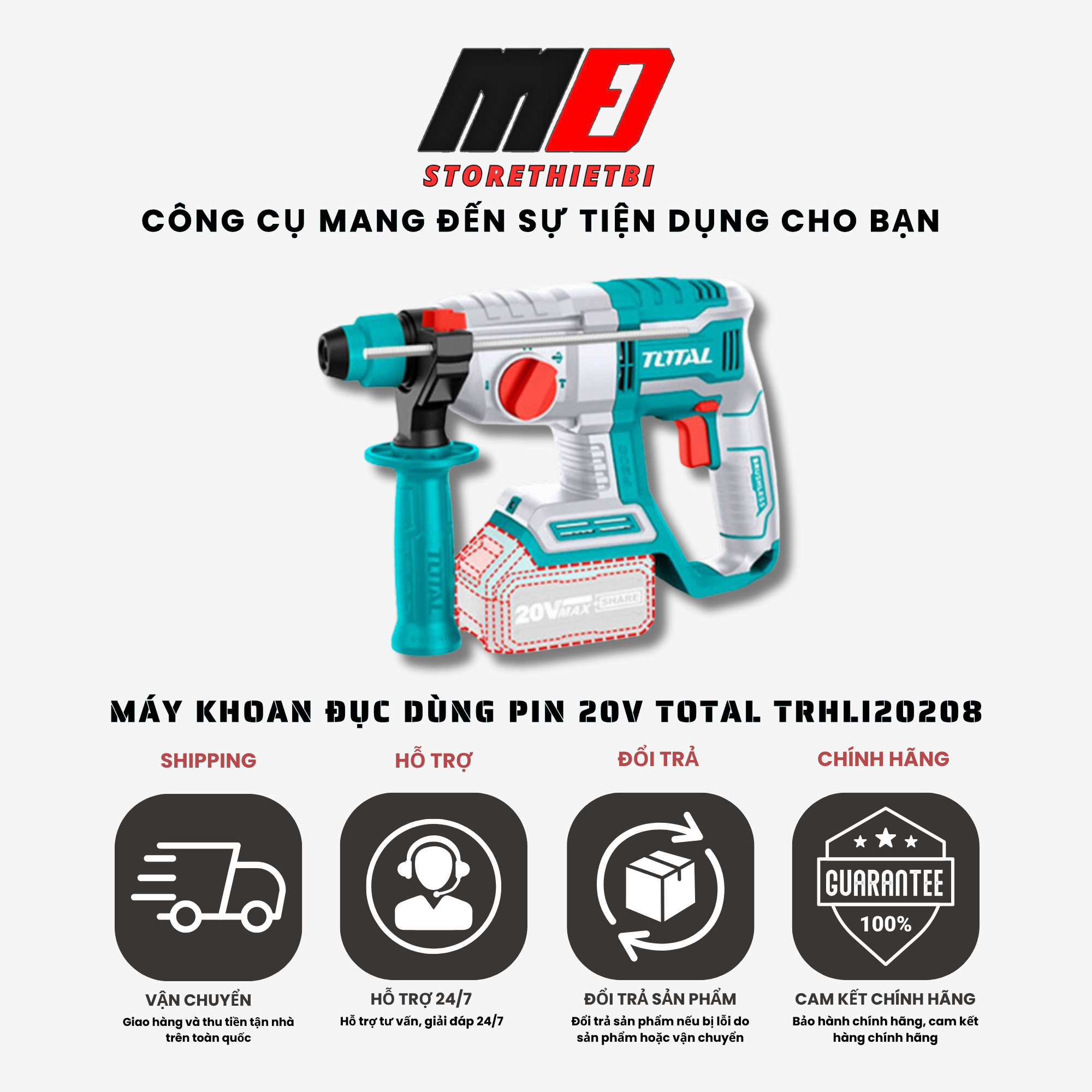 Máy khoan đục dùng pin Lithium (Ko kèm pin & sạc) 20V TOTAL TRHLI20208