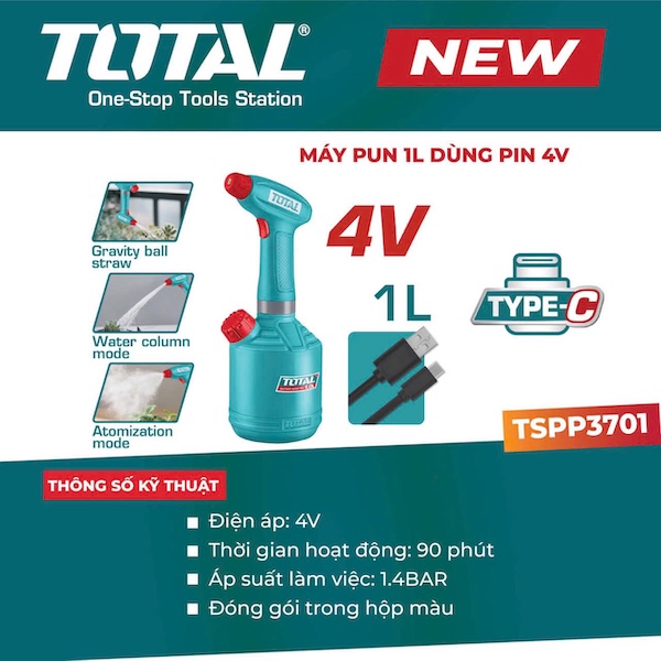 Máy Phun Cầm Tay Dùng Pin 4V TOTAL TSPP3701 - Bình 1L, Sạc Type-C, Pin Bền 90 Phút
