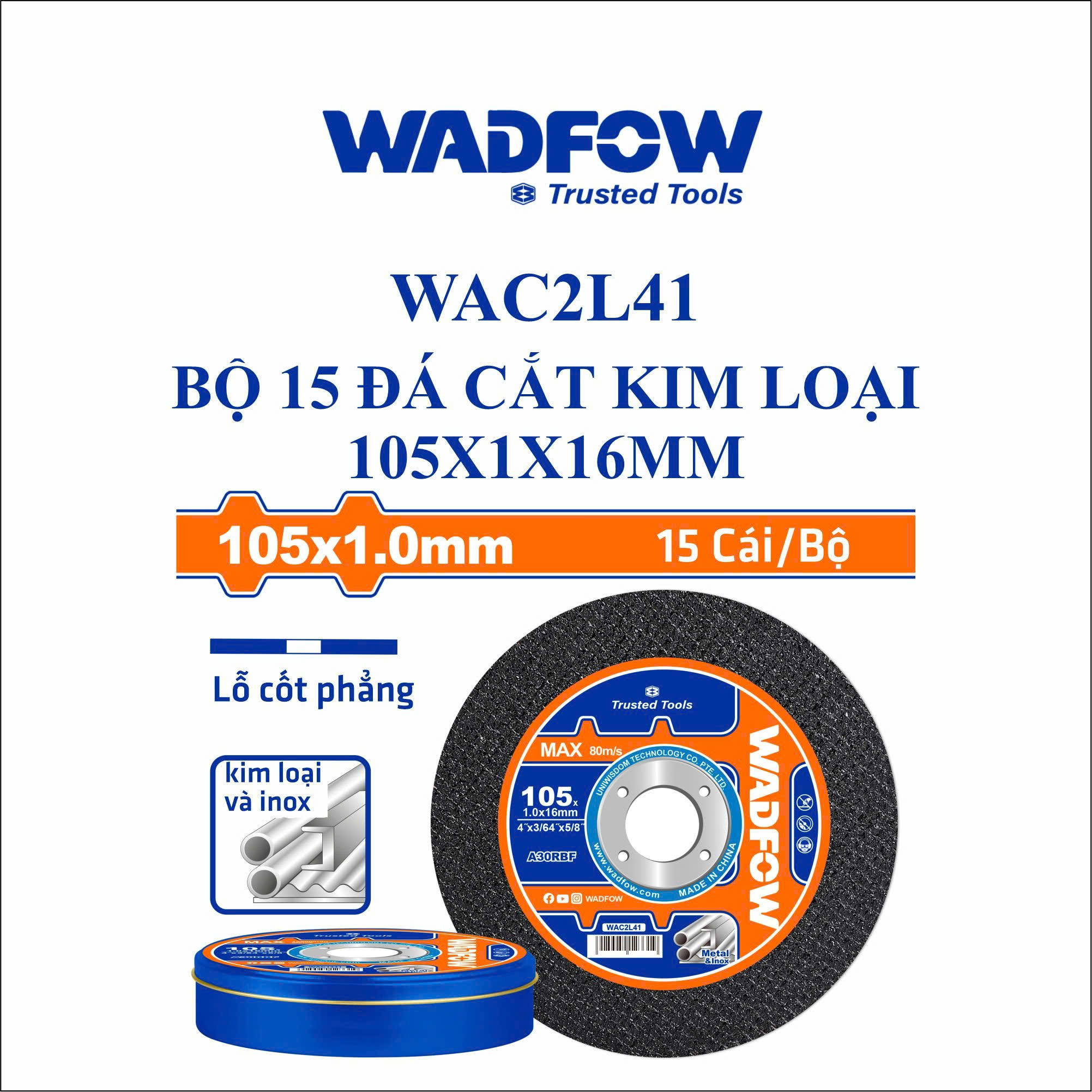 Bộ 15 Đá Cắt Kim Loại Wadfow WAC2L41 105x1.0x16mm - Cắt Inox, Sắt Thép