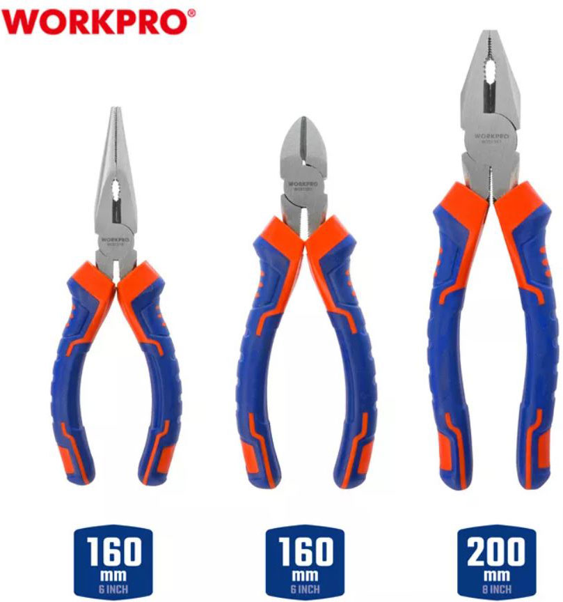Bộ kìm cắt, kìm điện, kìm nhọn 6inch và 8 inch 3 chi tiết Workpro WP201007