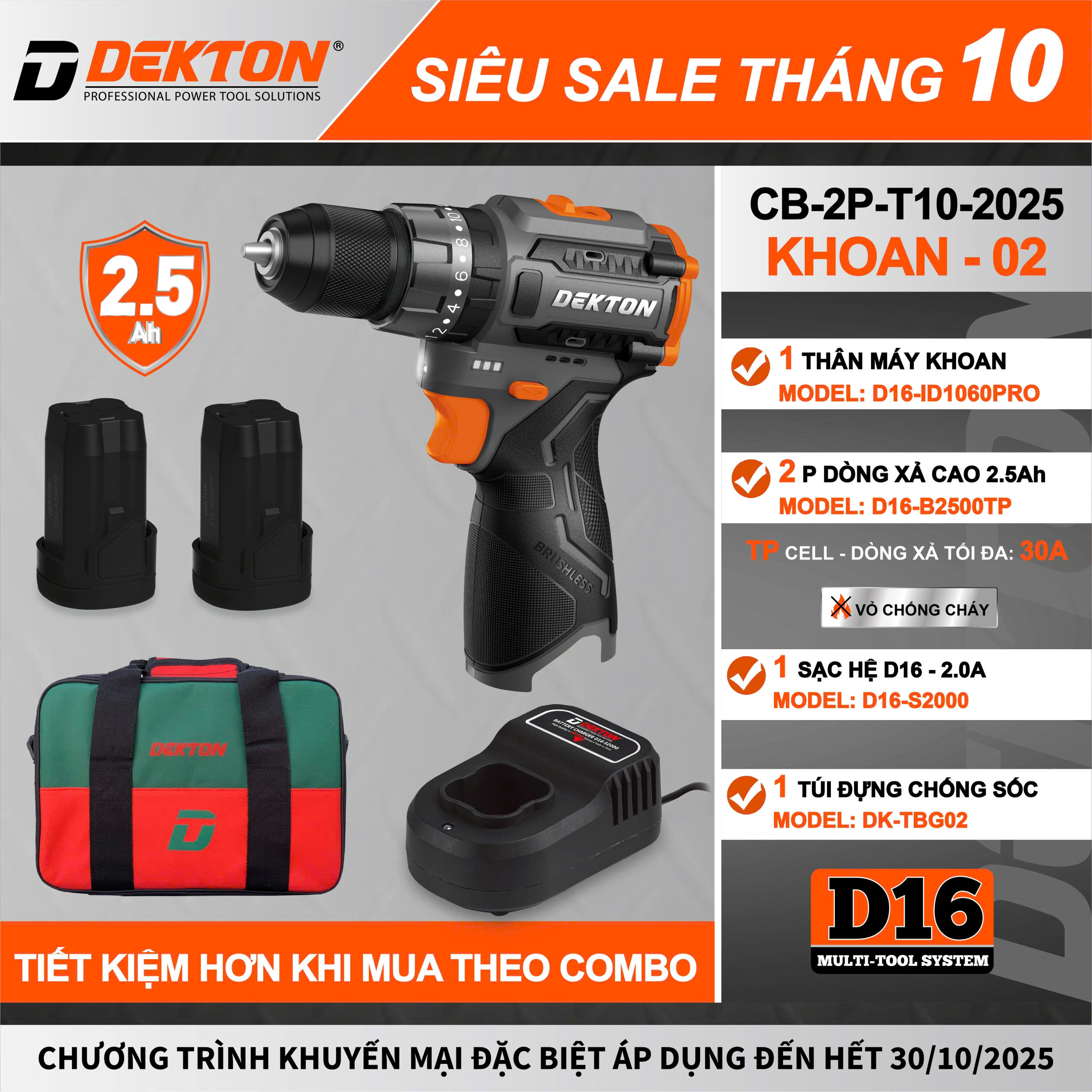 Combo Máy Khoan Pin DEKTON D16 Không Chổi Than 13mm – 2 Pin Xả Cao 2.5Ah