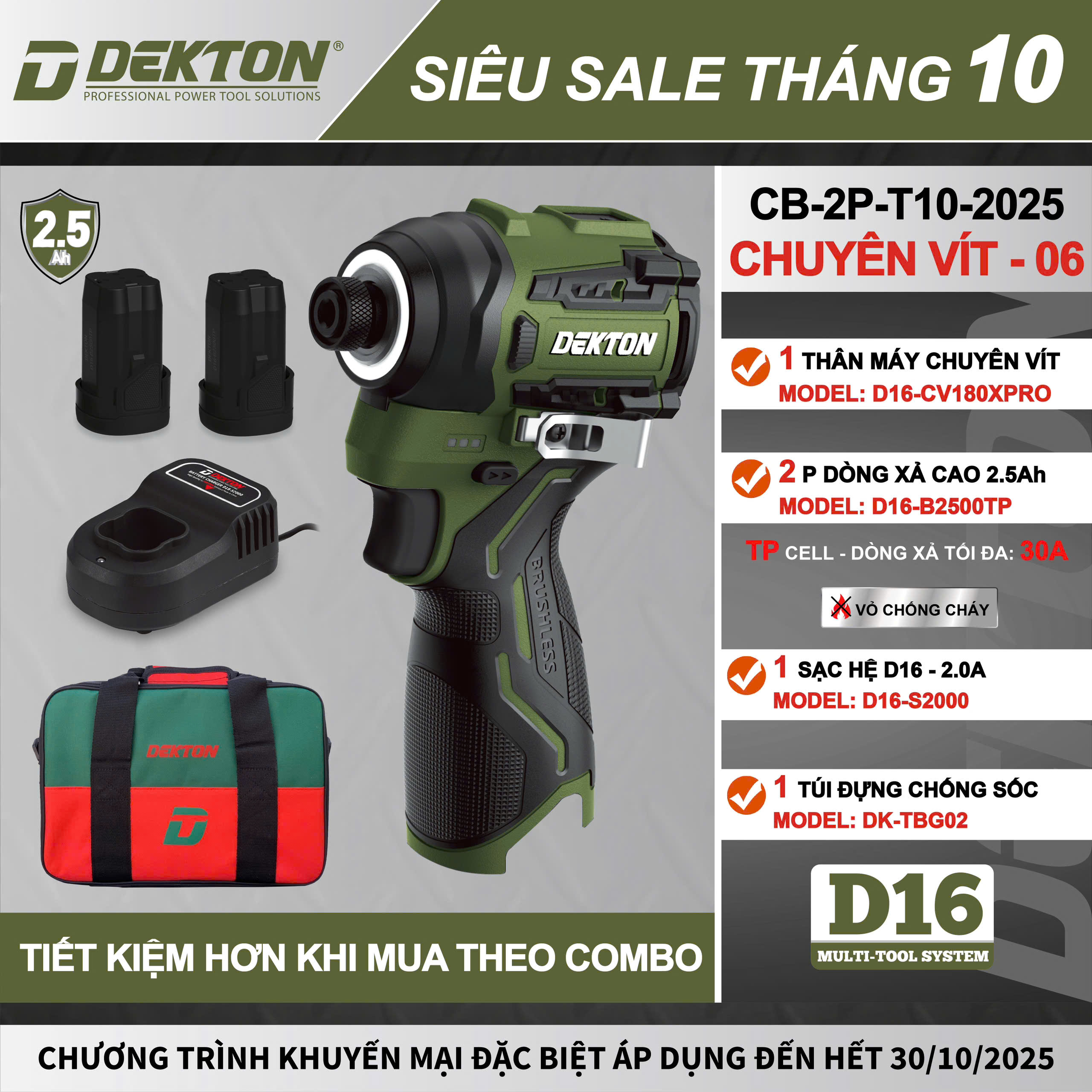 Bộ Máy Vặn Vít DEKTON D16-CV180XPRO Siêu Lực, Kèm 2 Pin Xả Cao 2.5Ah