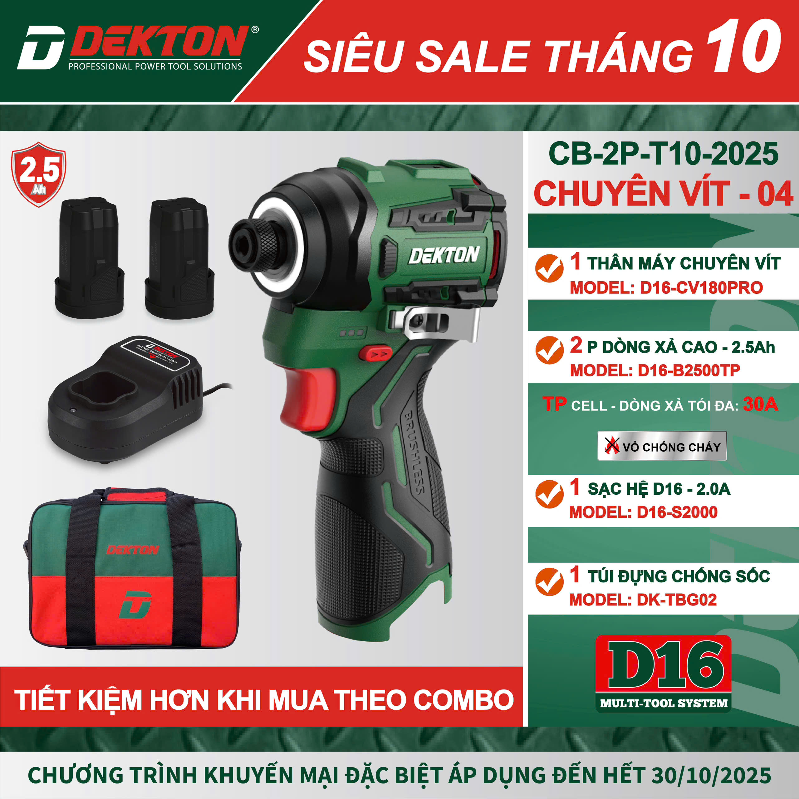 Bộ Máy Vặn Vít DEKTON D16-CV180XPRO Siêu Lực, Kèm 2 Pin Xả Cao 2.5Ah