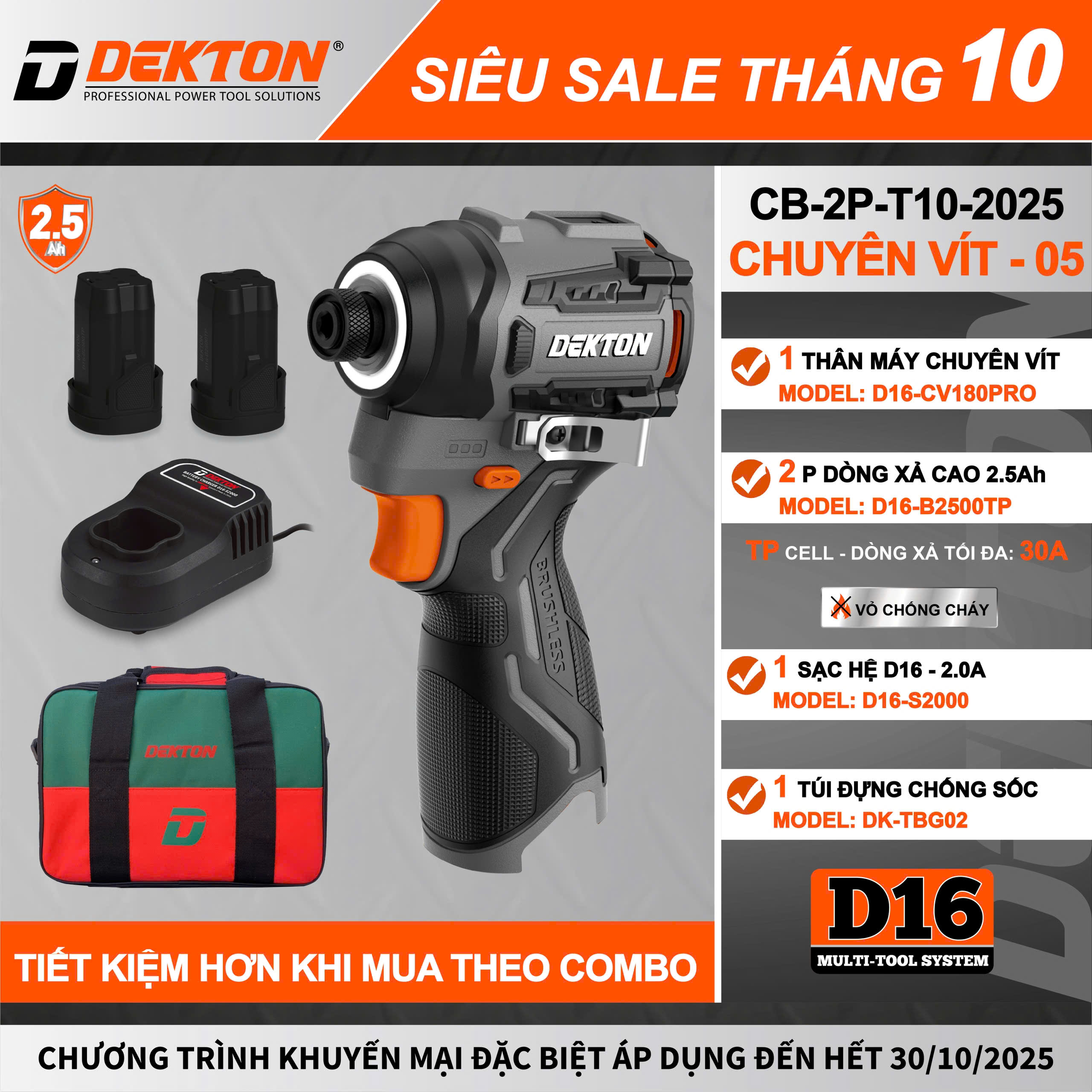 Bộ Máy Vặn Vít DEKTON D16-CV180XPRO Siêu Lực, Kèm 2 Pin Xả Cao 2.5Ah