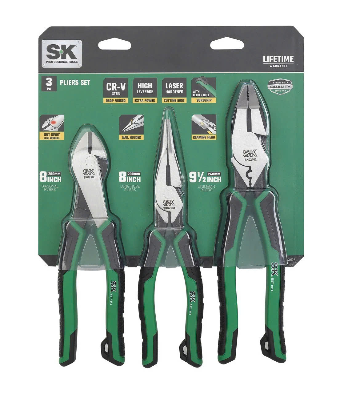 Bộ 3 Kìm Đa Năng SK Tools SK01326 (Kìm Nguội, Kìm Cắt Chéo, Kìm Mũi Dài)