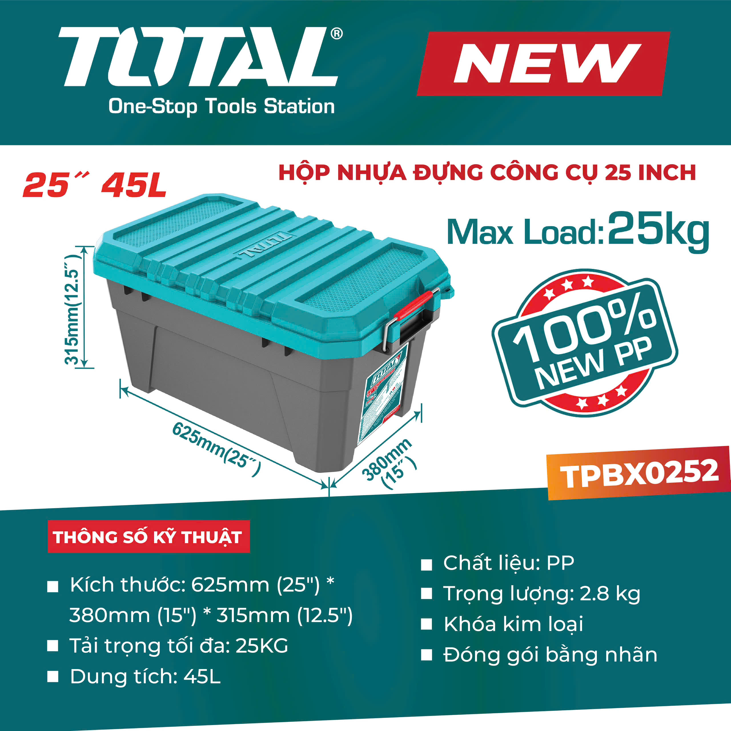 Hộp Đựng Đồ Nghề Total TPBX0252 25 Inch 45L Nhựa PP Khóa Kim Loại Tải Trọng 25Kg